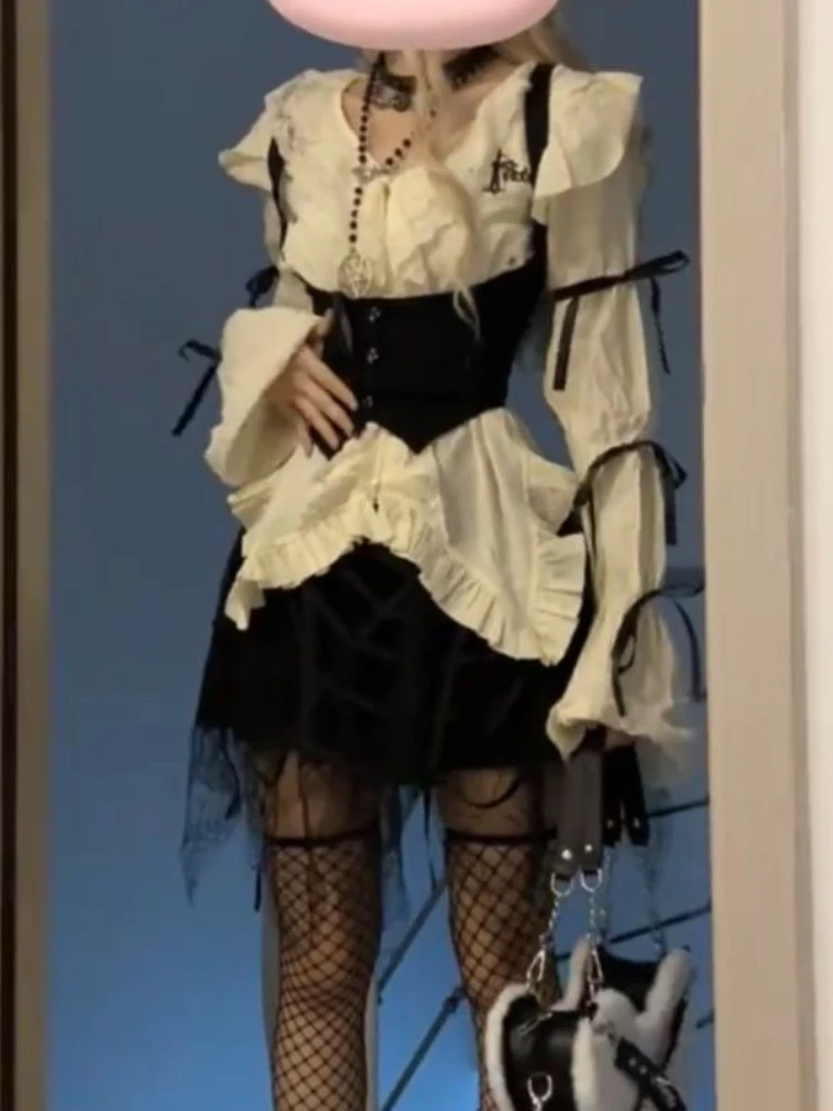 New Subculture Lace Vintage 3 Piece Set Women Design Flare Sleeve Shirt + Tunic Vest+ Mini Skirt Japanese Sexy Y2k Retro Outfits