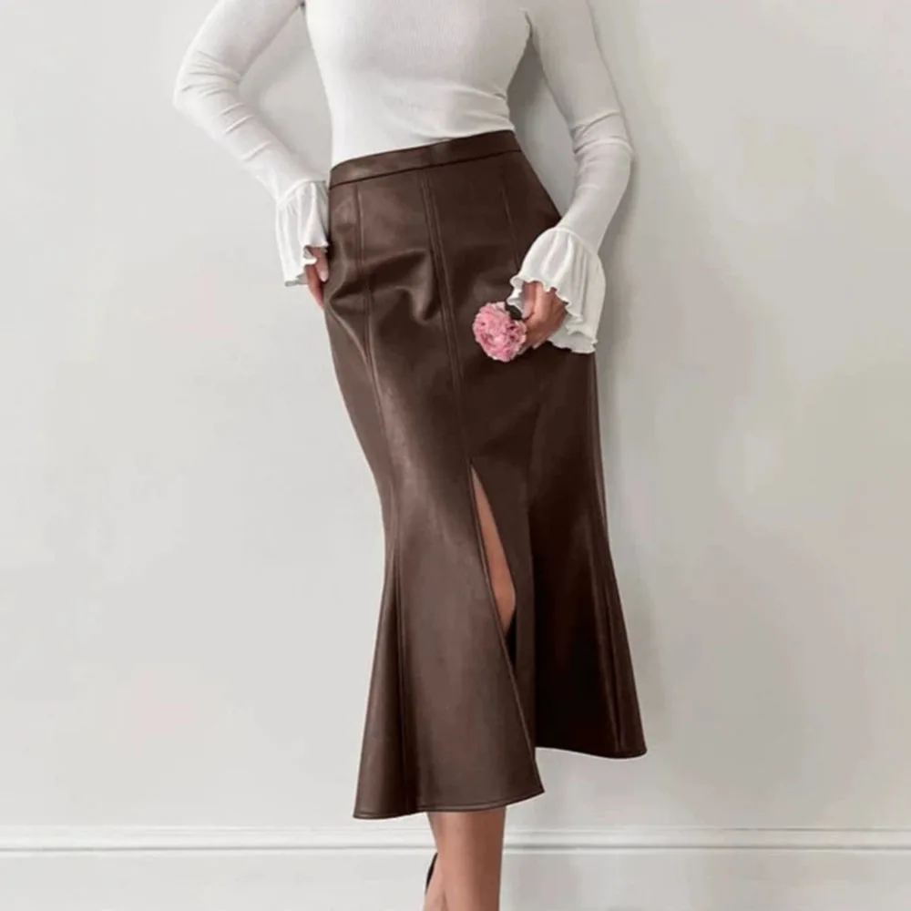 Solid Color Faux Leather Split Mermaid Skirt French High Waist Slit Hem Bodycon Half Skirt Women Fashion Evening Party Skirts