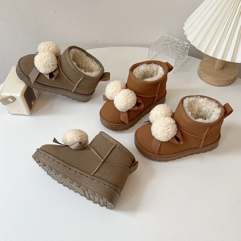 Little Girls Thick Fluffy Lining Leather Boots with Cute Plush Ball 2025 New Winter Kids Warm Snow Boots Non-slip Simple Boots