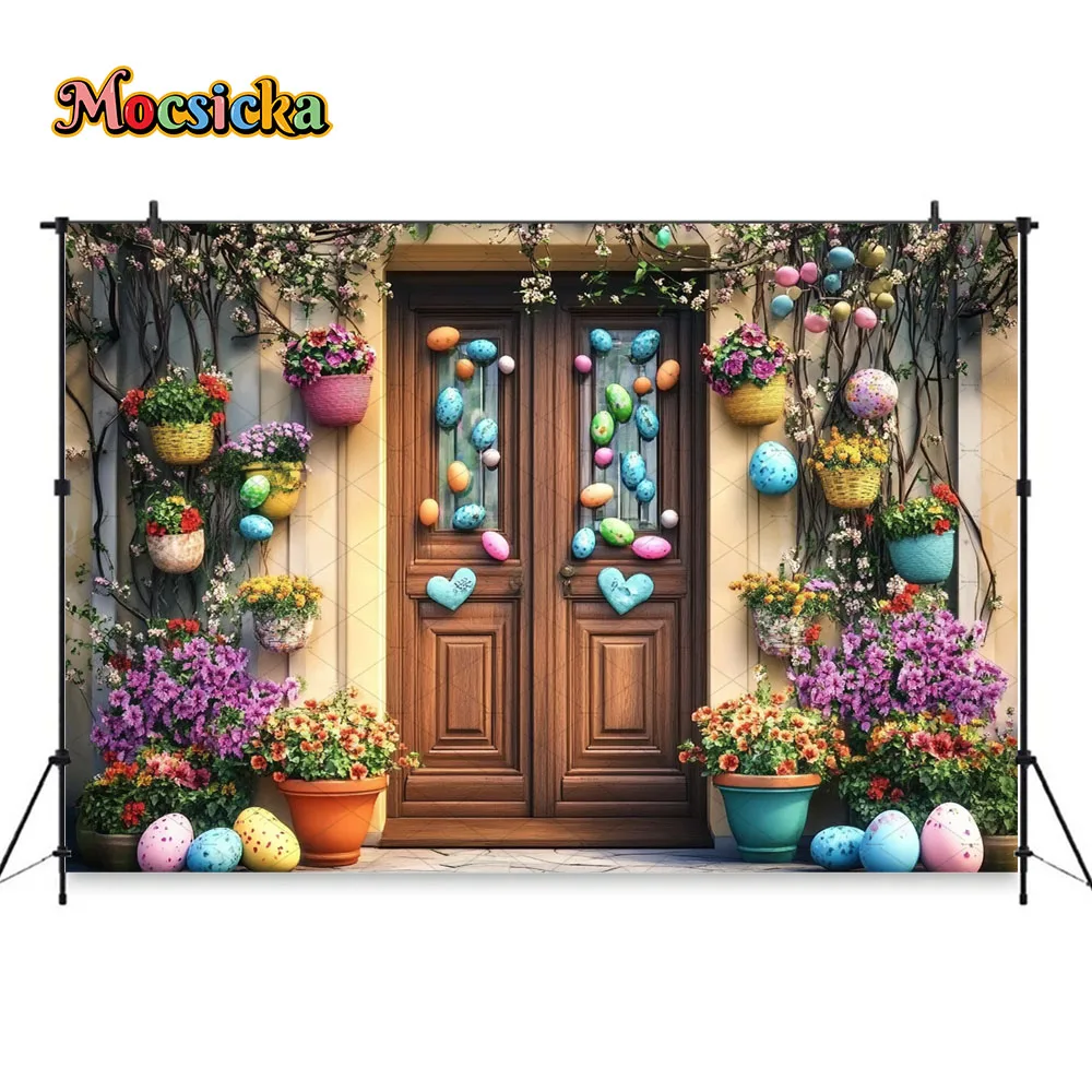 Mocsicka Primavera Pasqua Sfondo Fotografia Uova colorate Fiore Porta in legno Sfondo Kid 1° compleanno Torta Smash Photo Studio