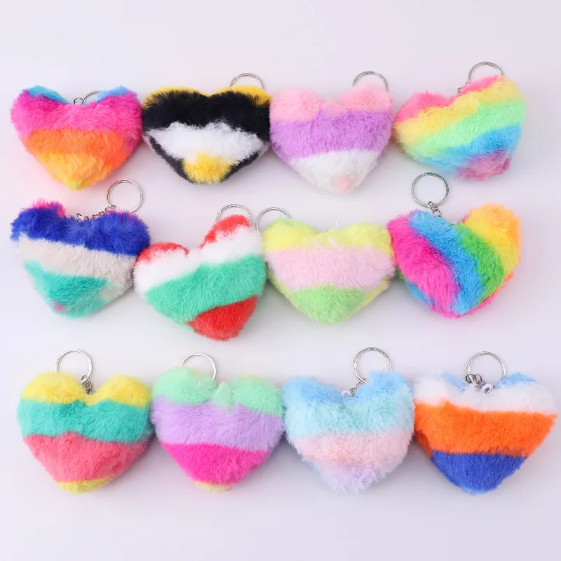 100pcs/lot Wholesale Rainbow Heart Furry Keychain Pendant Cute Plush Backpack School Bag,Deposit First to Get Discount much