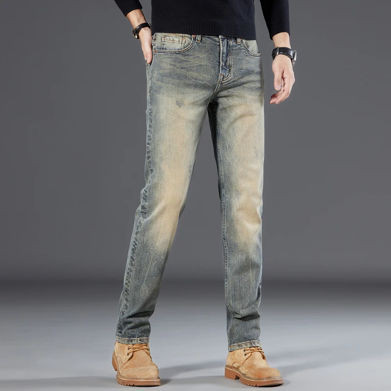 High quality retro jeans men's slim fit straight leg new washed casual American men's long pants denim jeans for men