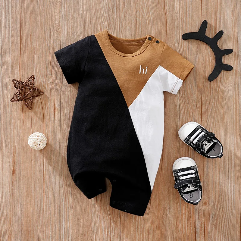 0-18 Baby Jumpsuit Color Blocking Letter Embroidered Cotton Comfortable And Soft Boy AndGirl Summer ShortSleeved Newborn Clothes