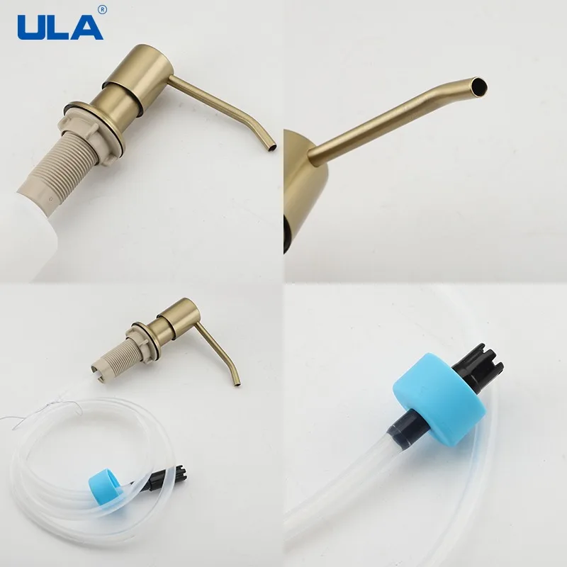 ULA Gold Kitchen Sink Liquid Soap Dispenser Liquid Soap Bottle Sink Mount Stainless Steel Head Hand Press Dispenser Bottle