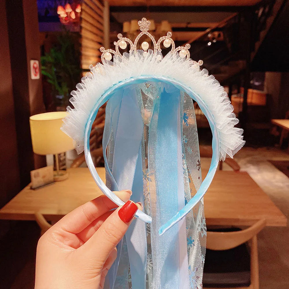 Princess Hair Accessories Children's Crown Veil Headrdess Snowflake Ribbon Alloy Headband Mesh Cute Kids Hairband Hairpin