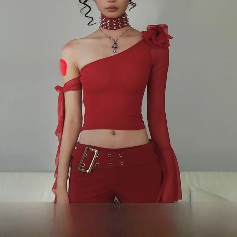 

Сексуальное асимметричное расклешенное све T irt, женский летний укороченный топ с цветочным декором, модная уличная одежда ort Sve...