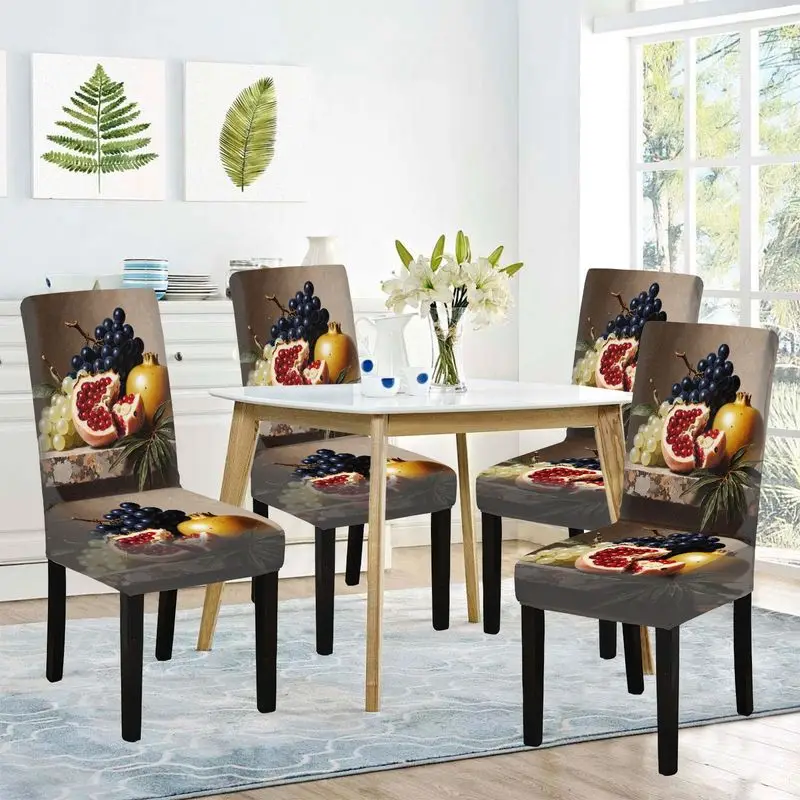 

Flat print dining chair cover with green grape, blue grape and pomegranate patterns, reusable, washable, home dining chair cover