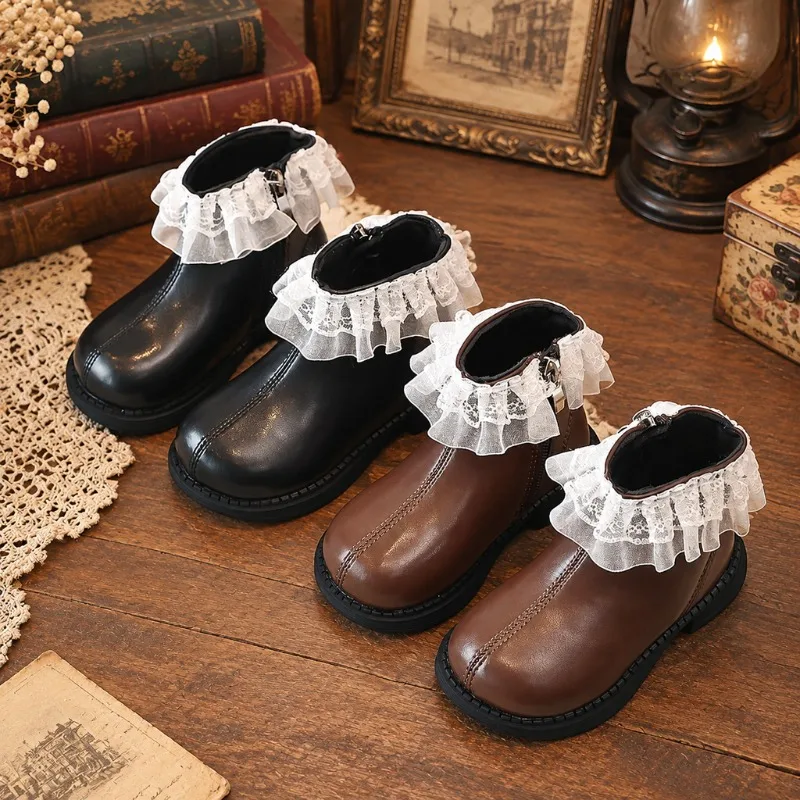 Toddler Girls Lace Trim Leather Boots 2026 New Winter Kids Thermal Ankle Boots Non-slip Classic Princess School Party Wedding
