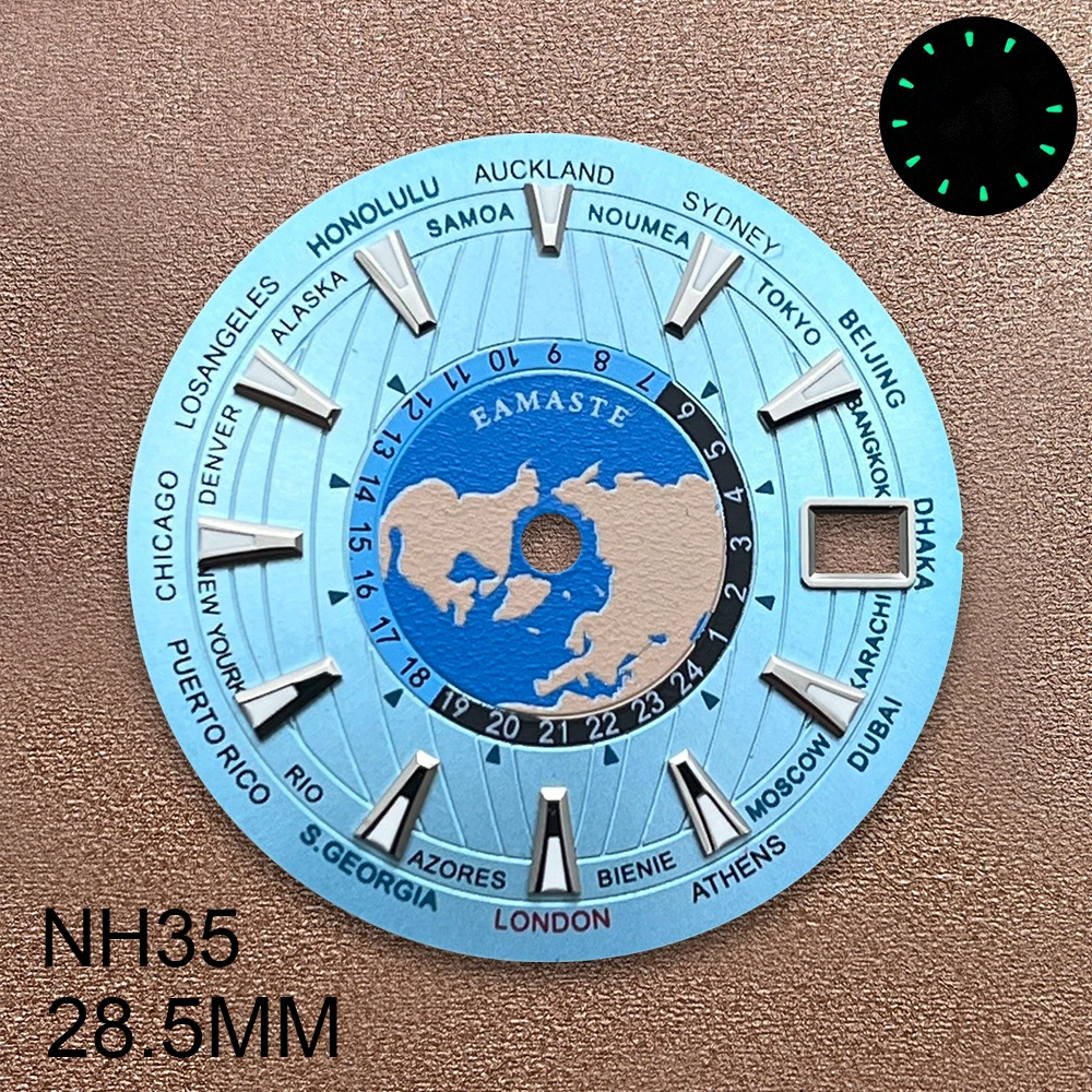28.5mm S Logo World Dial Suitable For NH35/NH36 Movement Green Luminous Quality Dial Watch Modification Accessories