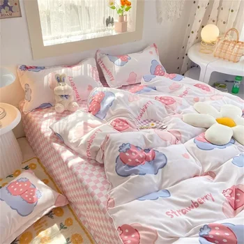 Cute pink strawberry duvet cover flat sheet with pillowcase flower girl bedding set twin full size soft polyester bed linens Cute pink strawberry duvet cover flat sheet with pillowcase flower girl bedding set twin full size soft polyester bed linens