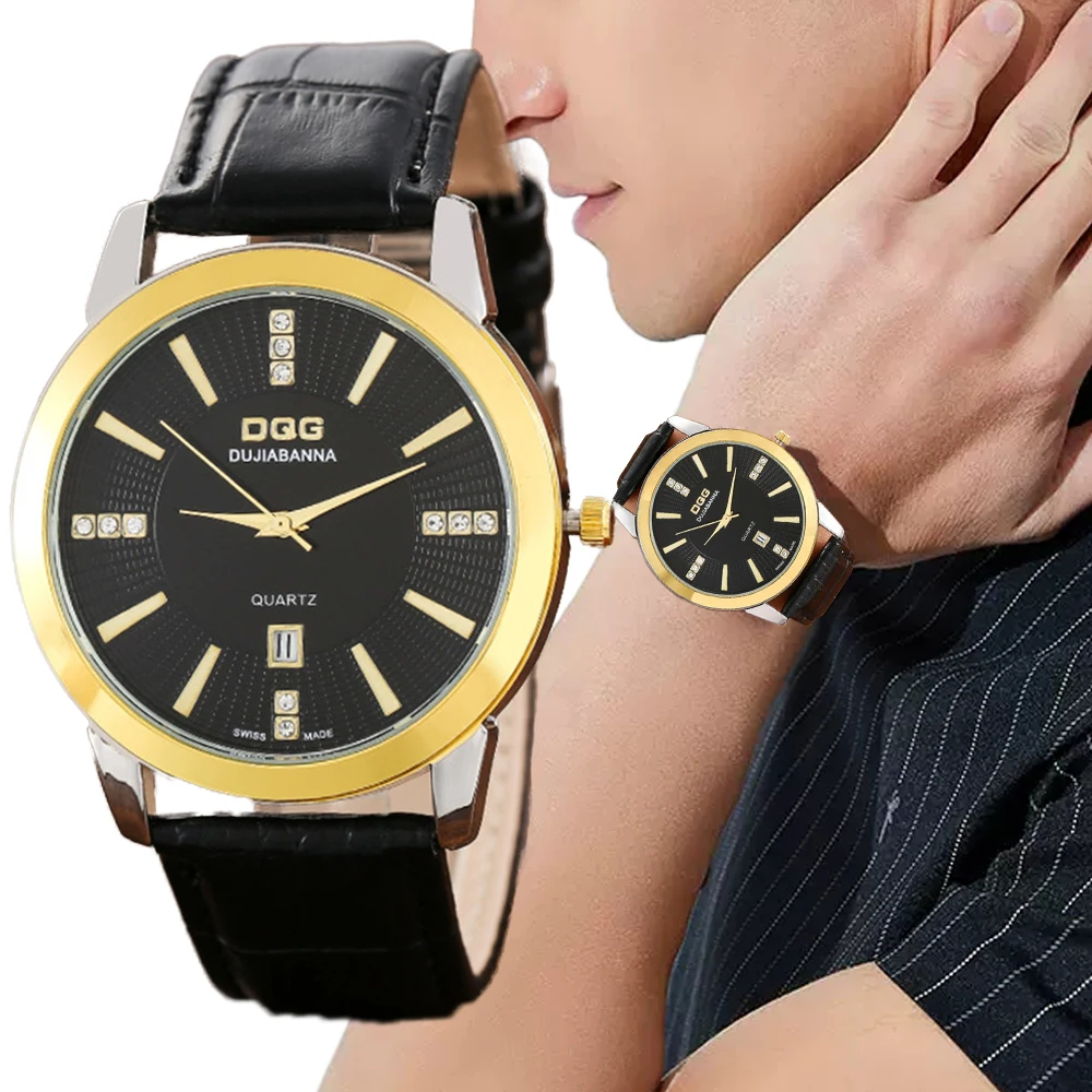 Men Luxury DQG Brand Watches Fashion Gold Case Calendar Quartz Watch Vintage Black Leather Dress Gift Clock Male Wristwatches