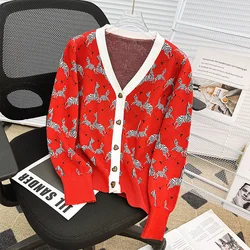 2024 New Autumn Red French Style Fashionable Zebra Jacquard V-neck Long-sleeved Knitted Temperament Cardigan Jacket for Women