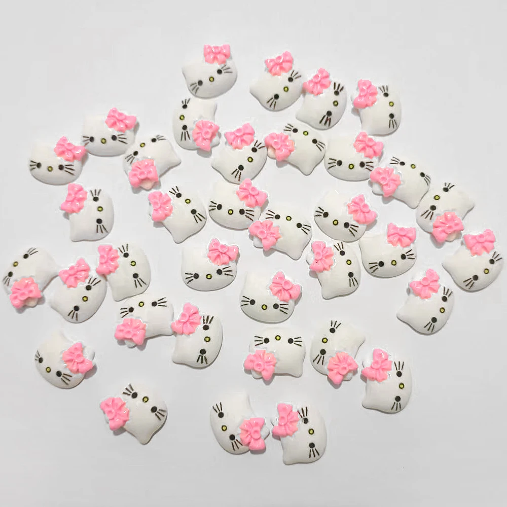 200 pcs Lovely Pink Kitty w/ Rhinestone Bow Kawaii Resin Cabochons 15mm  Phone Decor, Hair Clips, Embellishment, DIY SH370