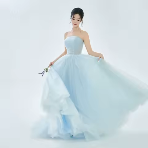 TULX Fairy Tulle Blue Evening Dress Korea Photo Shoot Strapless Wedding Party Dress Floor Length Corset Dress Customized 2025