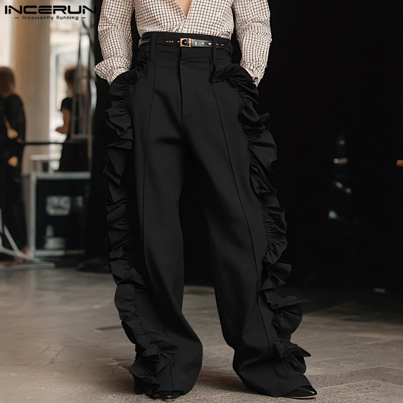 INCERUN الرجال السراويل بلون زر كشكش فضفاض بناطيل كاجوال الرجال الشارع الشهير موضة الترفيه الذكور مستقيم السراويل ركض