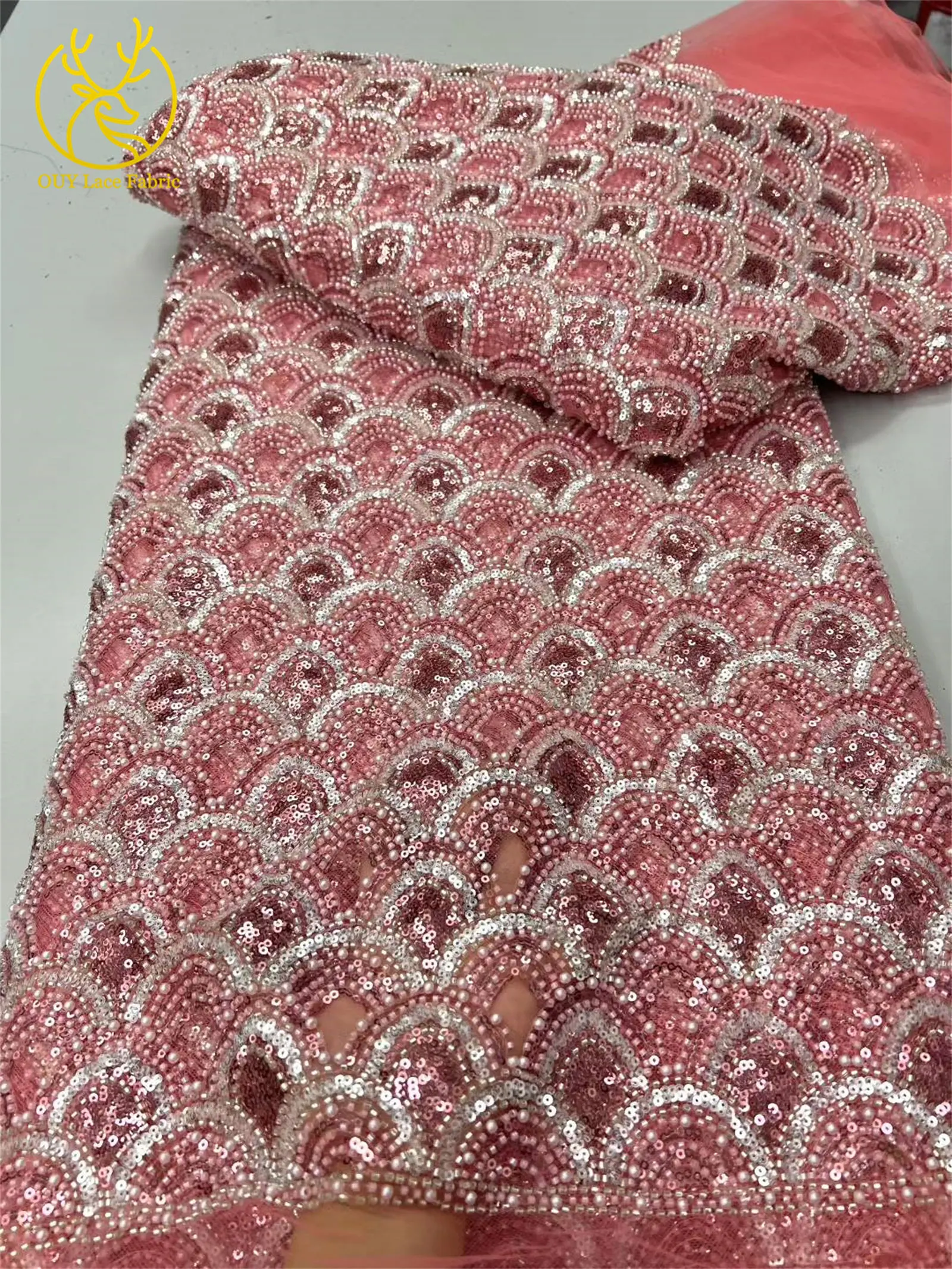 エメラルド高級アフリカビーズレース生地 20255 最新ナイジェリアフレンチスパンコールチュールレース生地 パーティードレス縫製用 5ヤード