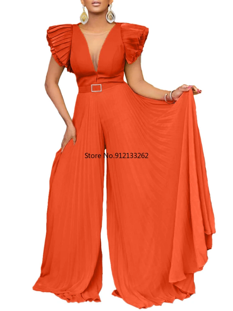 Plus Size African Clothes For Women Ruffles Sleeve Pleated V-neck Jumpsuit Dashiki Ankara Rompers Africa Wedding Party Gown Belt