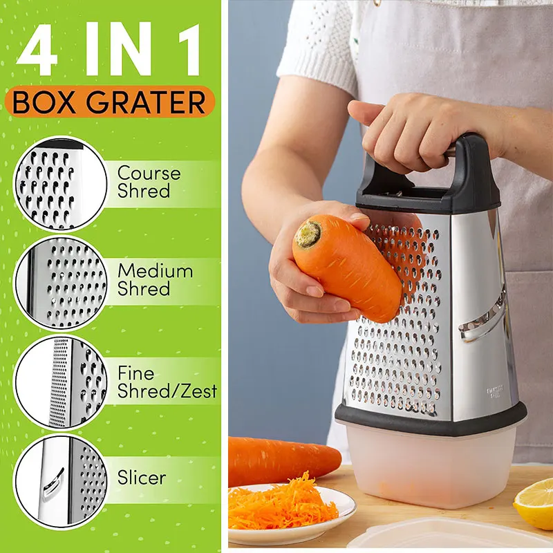 

D5 Stainless Steel Box Cheese Grater With Container 4 Side Box Grater Handheld Kitchen Food Shredder for Vegetable Ginger Cutter