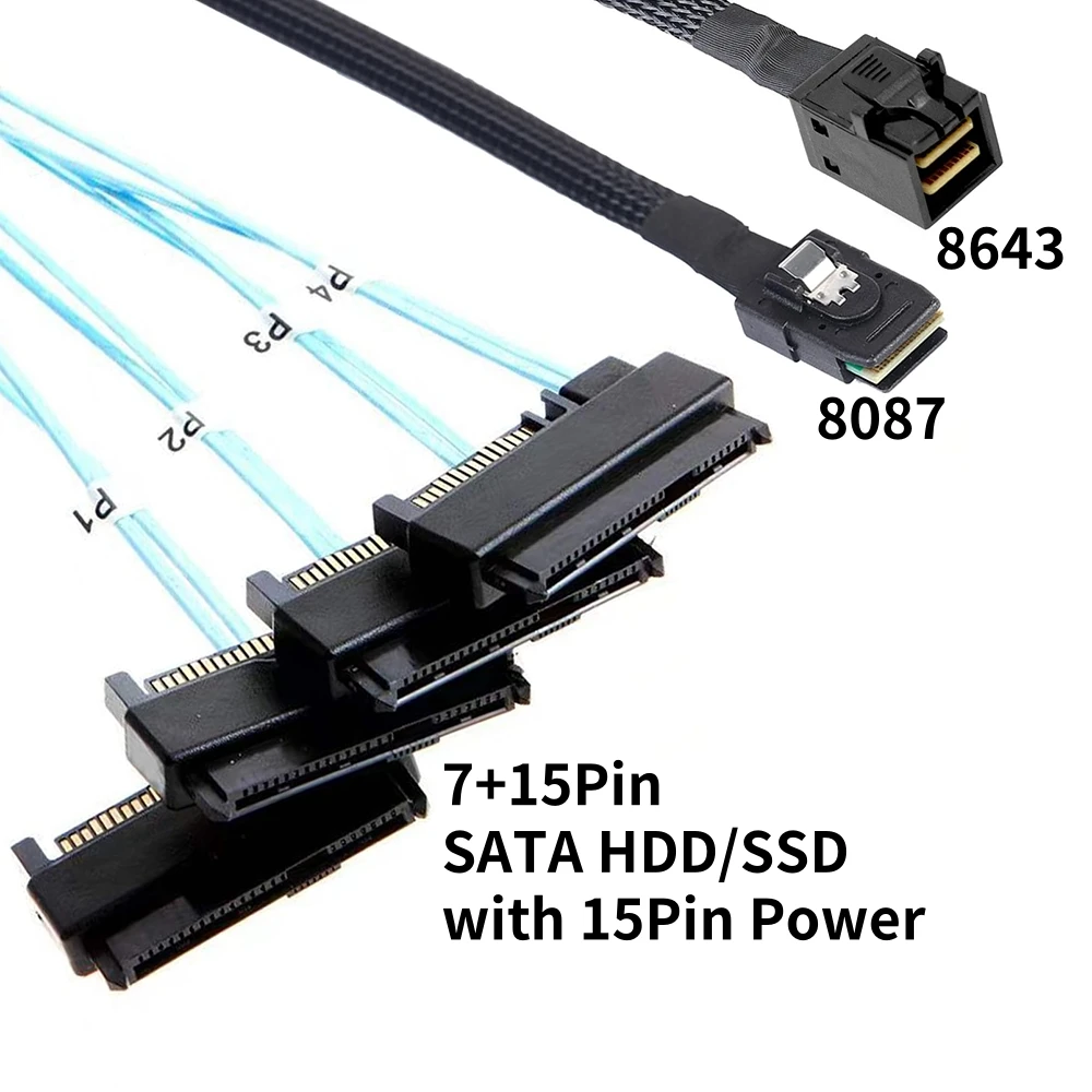 Mini SAS Line SFF-8087 SFF-8643 Host to 4 SFF-8482 7+15Pin Connector with 15pin Power Port for SATA HDD/SSD Target Server Cable