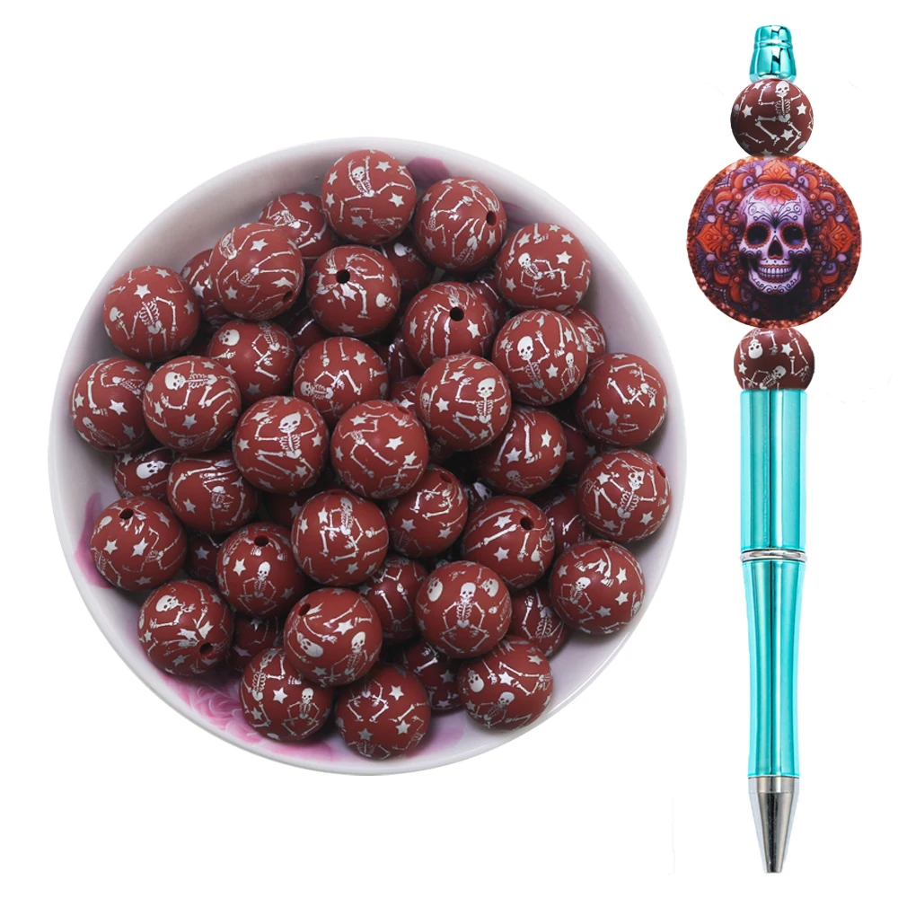 2024 New 10Pcs Halloween Dancing Skull Funny Skeletons Print Silicone Beads Focal Bone Silicon Balls For Pens Making