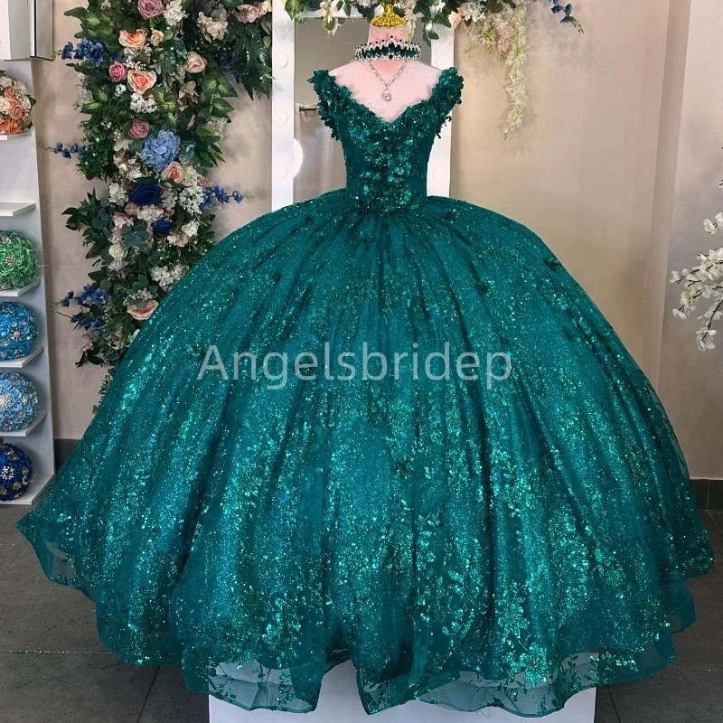 Angelsbride Glitter Blackish Green Ball Gown Quinceanera Dresses With Beading Evening Party Dress Vestido De 15 Quinceañera