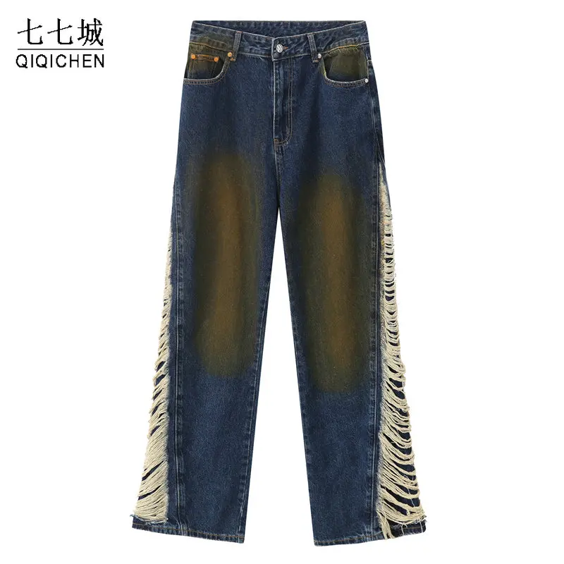 

Mens Vintage Jeans Dark Blue Wash Water Hole Distress Denim Pants High Street Straight Wide Leg Jeans Streetwear Unisex Spring