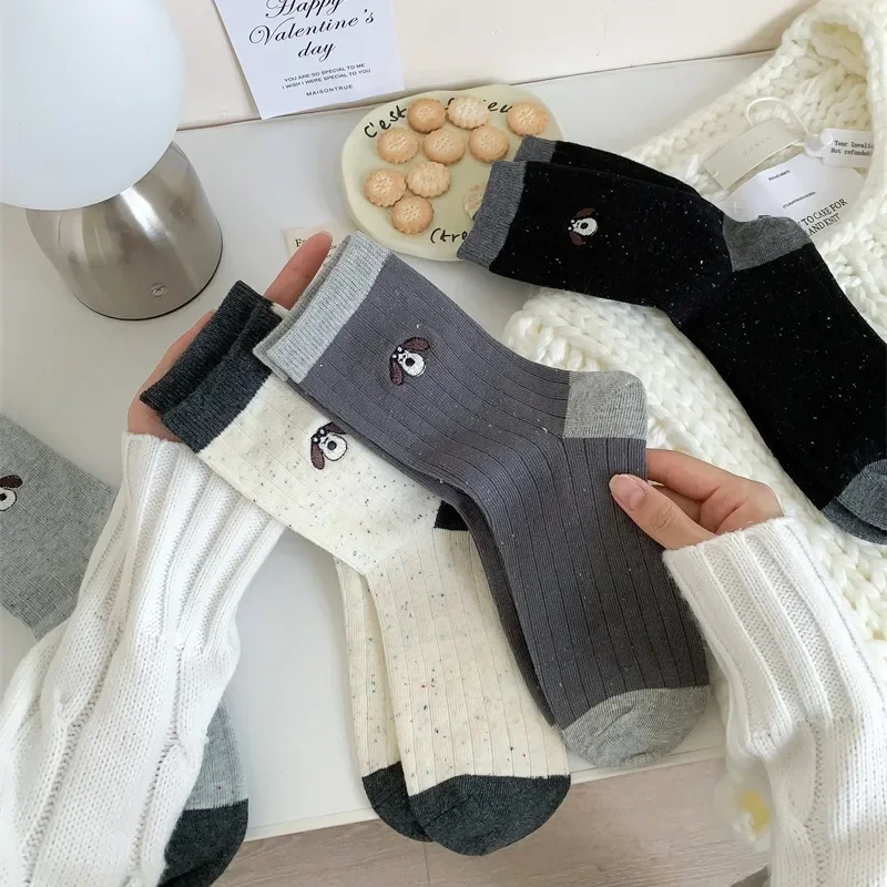 

Корейский стиль, милые носки с вышивкой собаки из мультфильма, женские хлопковые носки до середины икры с цветными блоками в горошек, модные длинные носки в японском стиле