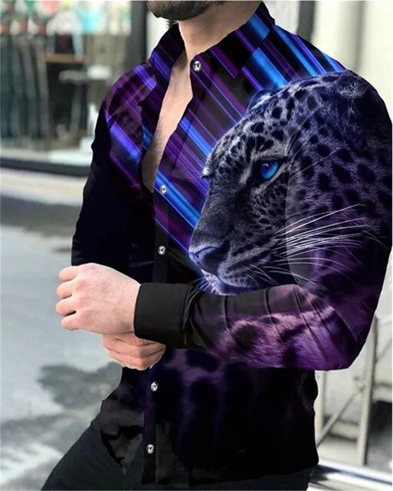 

2023 European Newest Fashion Sports Men's Suit Party Leopard Lion HD Graphic Shirt Lapel Button Shirt Purple Blue Top Men S-6XL