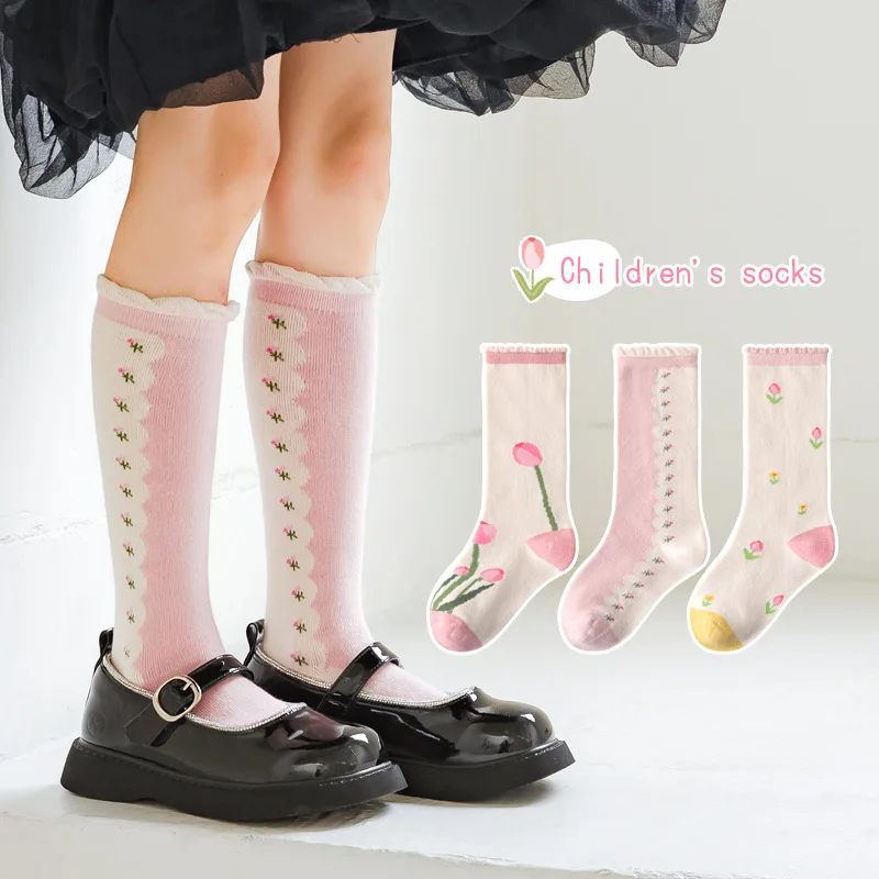 

Girls Long Socks Knee Length Floral Pattern Cotton Socks A Class Fabric Kids' New Autumn Winter Mid Calf Socks