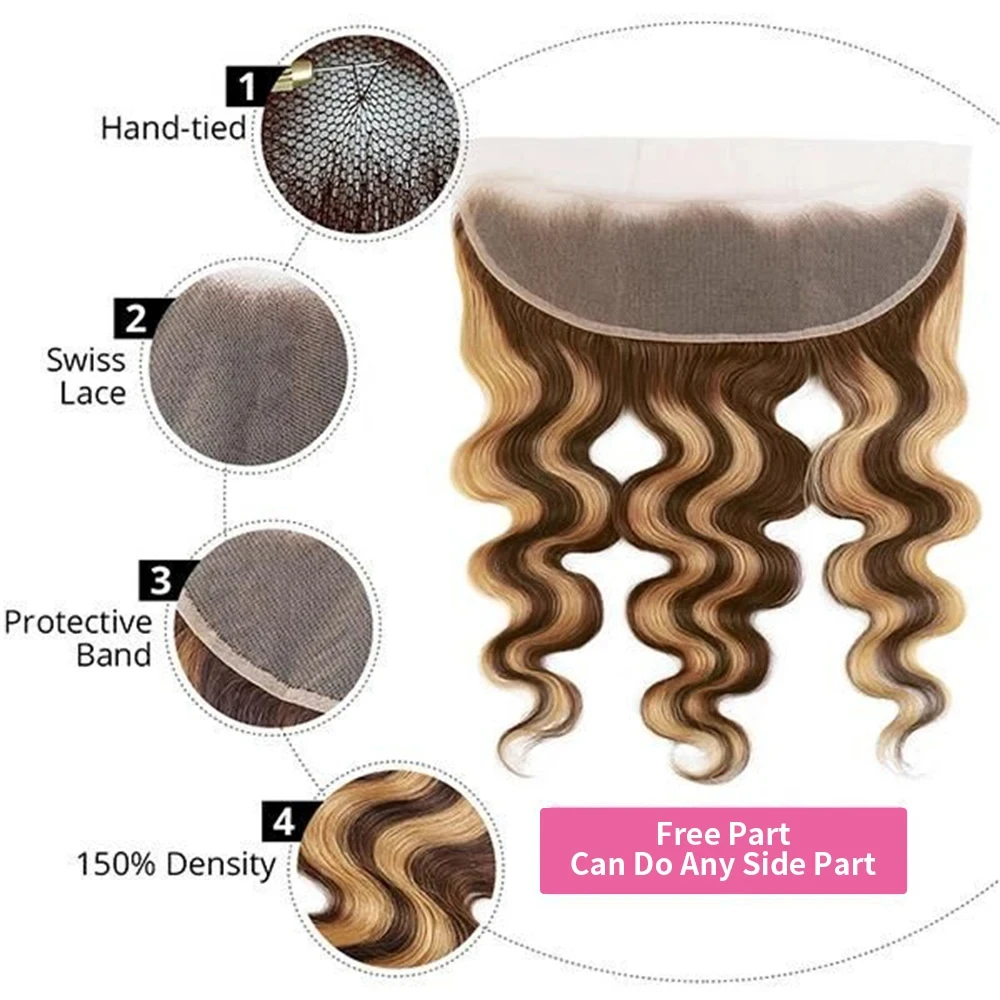 Bundles Body Wave avec dentelle et fermeture, 4/27 cheveux humains brésiliens, reflet 100%, 13x4 HD Ombre, documents