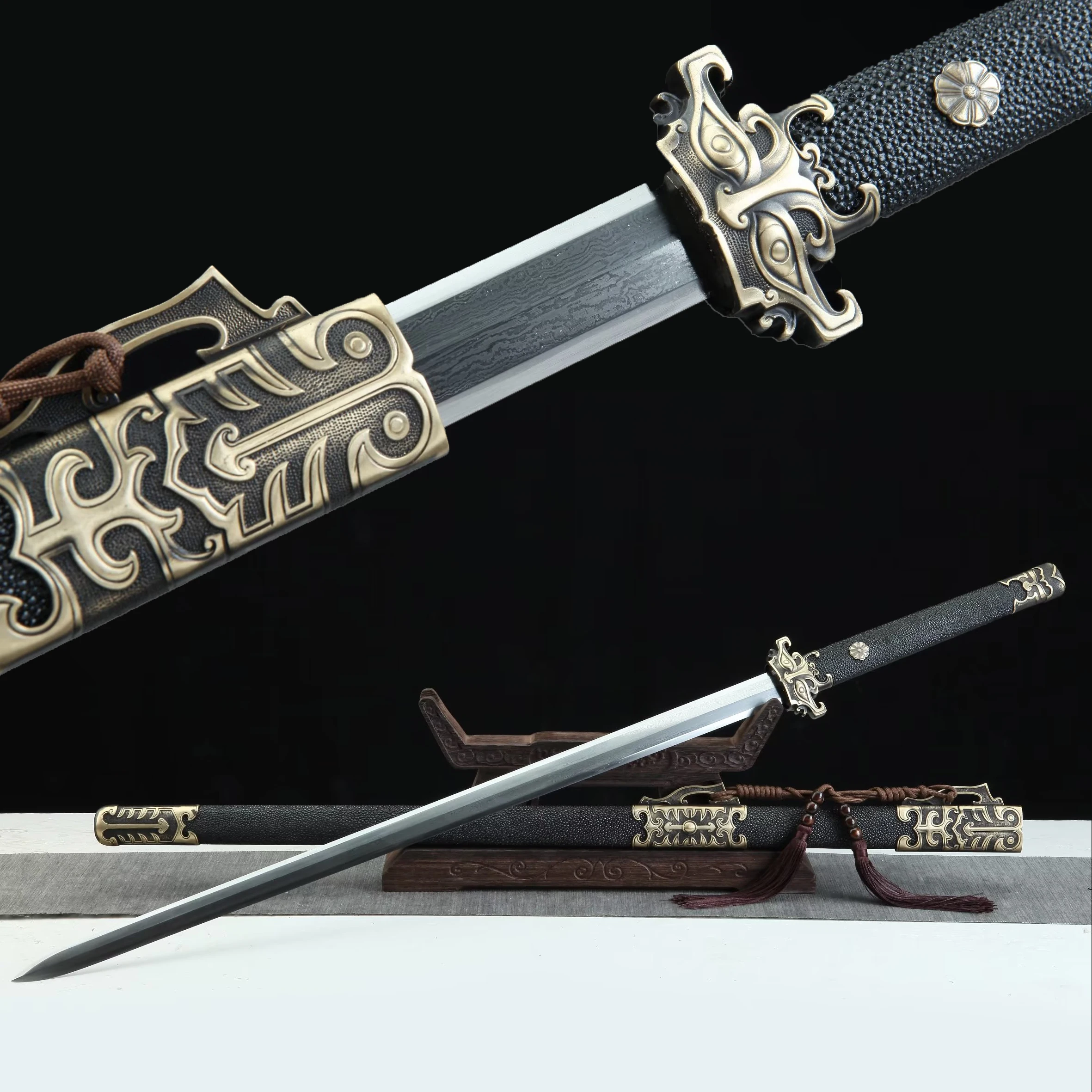 115cm Medieval Hell Sword Chinese Tang Sword Fishskin scabblade Damascus Steel Hand combat ready to grapple sharp weapon katana