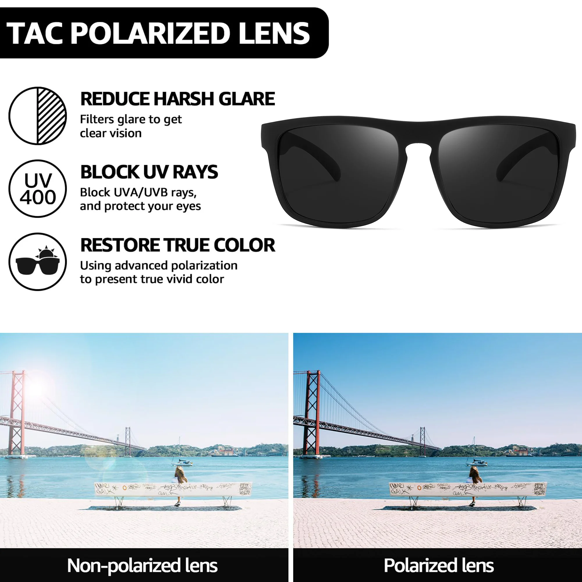 Sportliche Photochrome Polarisierte Sonnenbrille Unisex Klassischer Quadratischer Rahmen UV400 Blendschutz Ganztägiges Tragen zum Fahren Angeln Radfahren – Detail 7