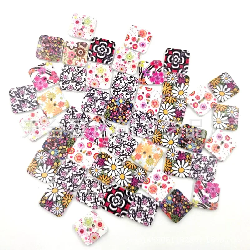 Bottoni quadrati in legno stampati con sfondo bianco da 15 mm Adesivi decorativi fatti a mano per bambini fai-da-te 50 in una confezione