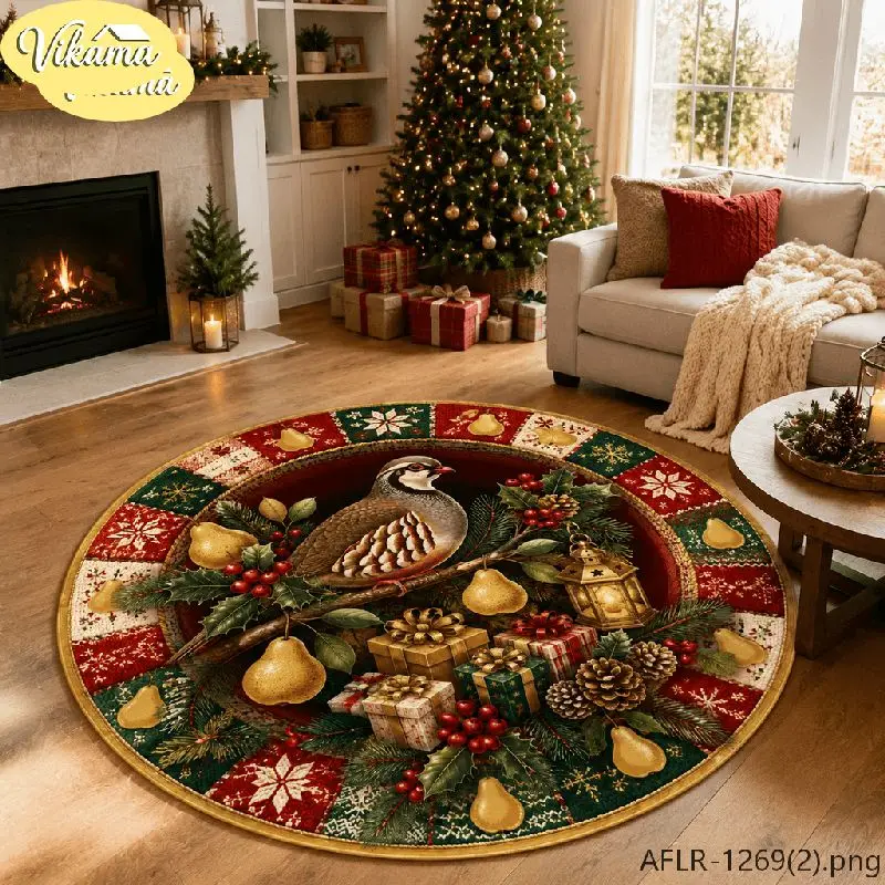 VIKAMA Christmas Round Rug Snowy Owl Red Scarf Pine Branch Area Rug Living Room Holiday Home Decor Aesthetic Art Large Premium