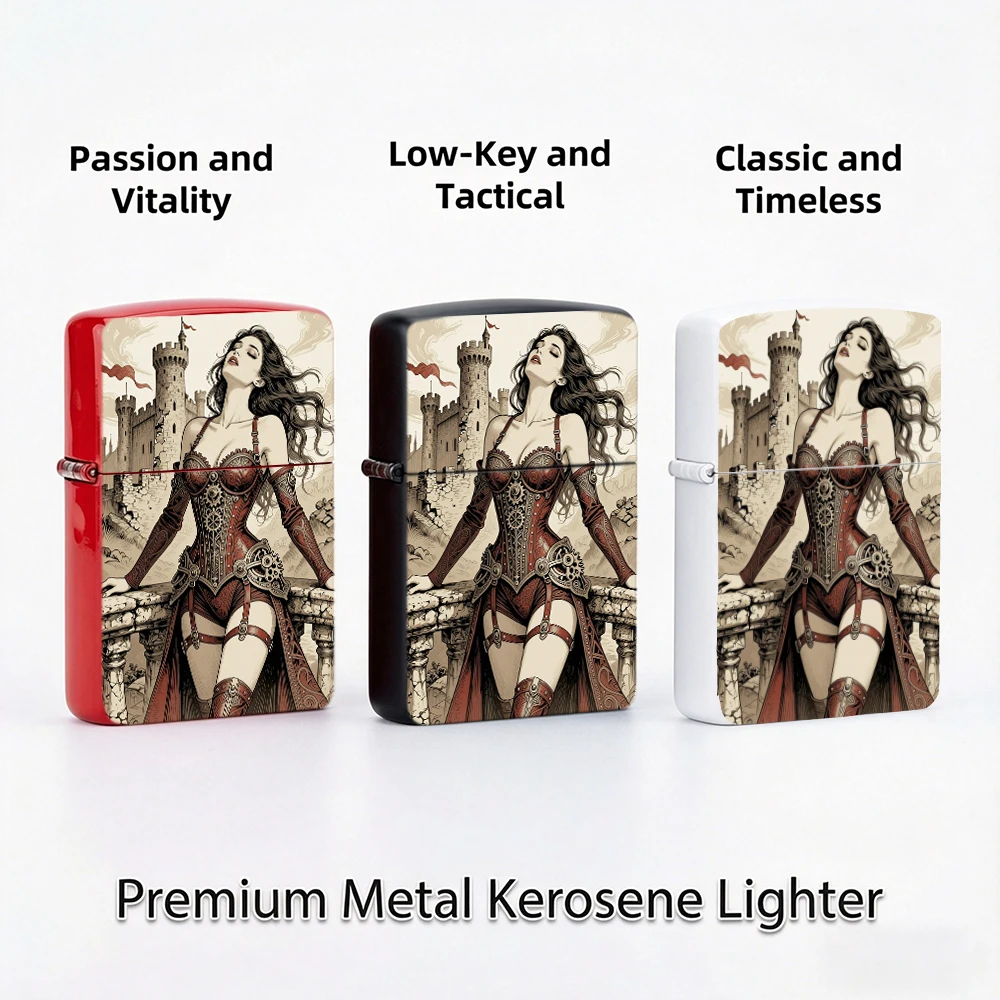 Vintage Flip Top Lighter lighters vintage Steampunk Lady Castle Ruins Line Art Print lighters for smokers Daily Carry