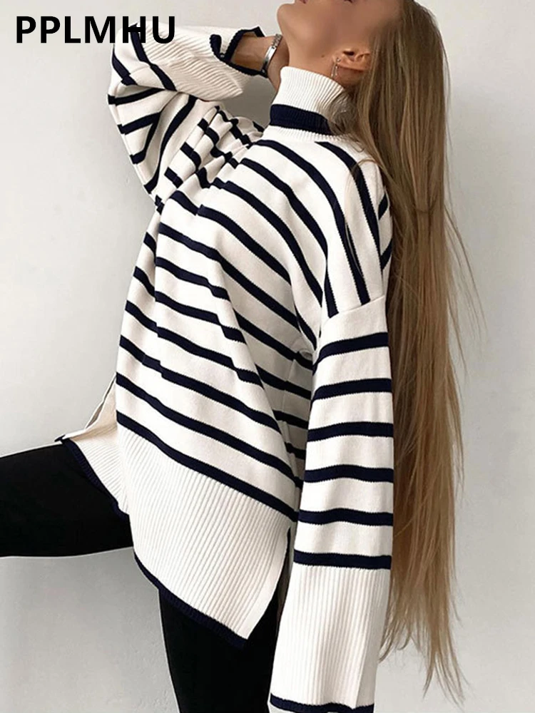 

Oversize Loose Turtleneck Striped Knitted Sweaters Women's Thicken Split Korean Pullover Fall Winter Tops Casual Knitwear Jumper