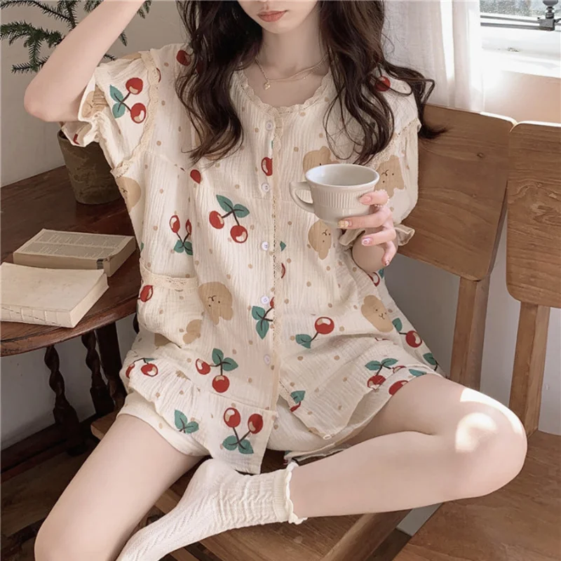 Summer Women Pajamas Loungewear Set Student Japanese Sweet Pajamas Loungewear Bubble Crinkled Cloth Baby Cotton Loungewear Set