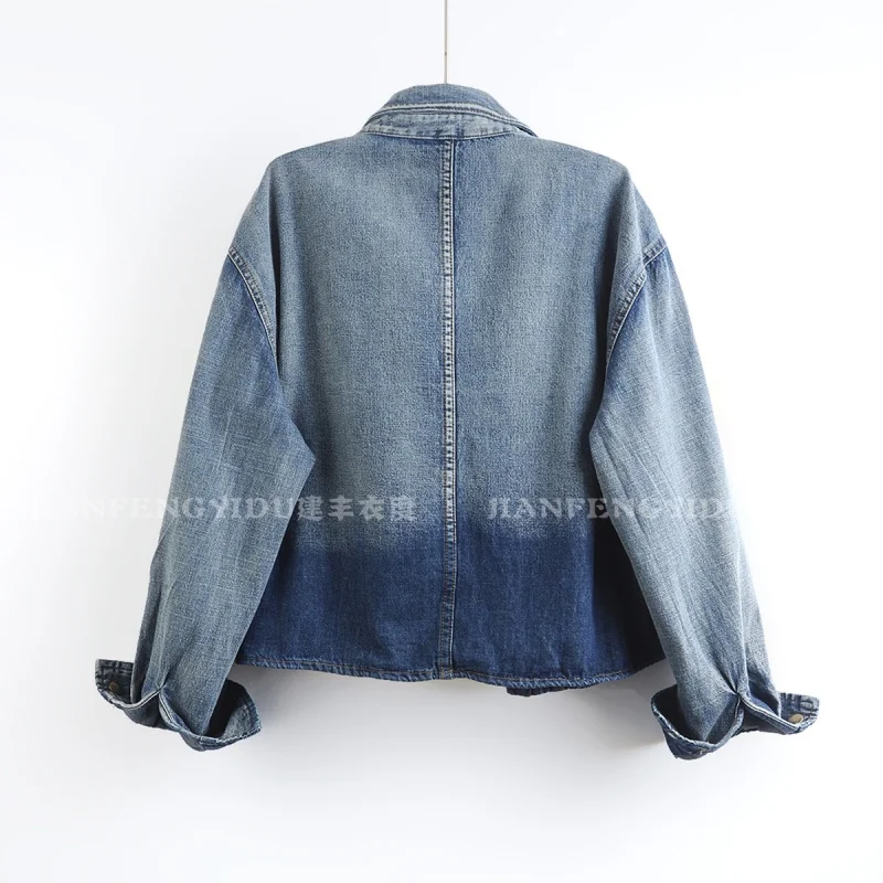 Autumn Vintage Gradient Blue Short Blue Jacket Loose Big Pocket Lapel Single-Breasted Long Sleeve Jeans Jacket Female Basic Coat