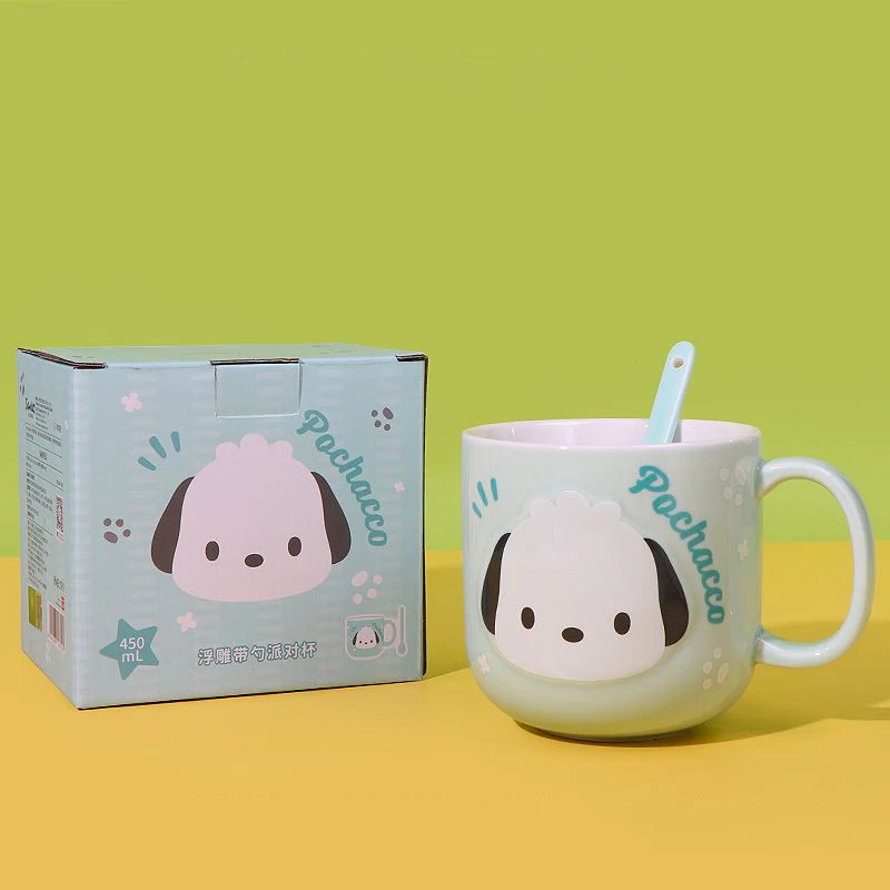 Miniso 450Ml Sanrio Relief Ceramic Cup with Spoon Hangyodon Pochacco Cartoon Cute Household Mugs Office Cups Children Day Gifts