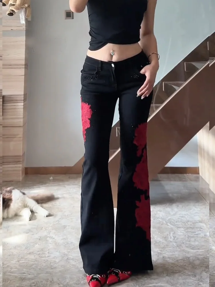 

Retro American Washed Denim Jeans Women's Summer Rose Embroidery Slimming Micro Flared Pants Standard Fit Low Waist Jeans