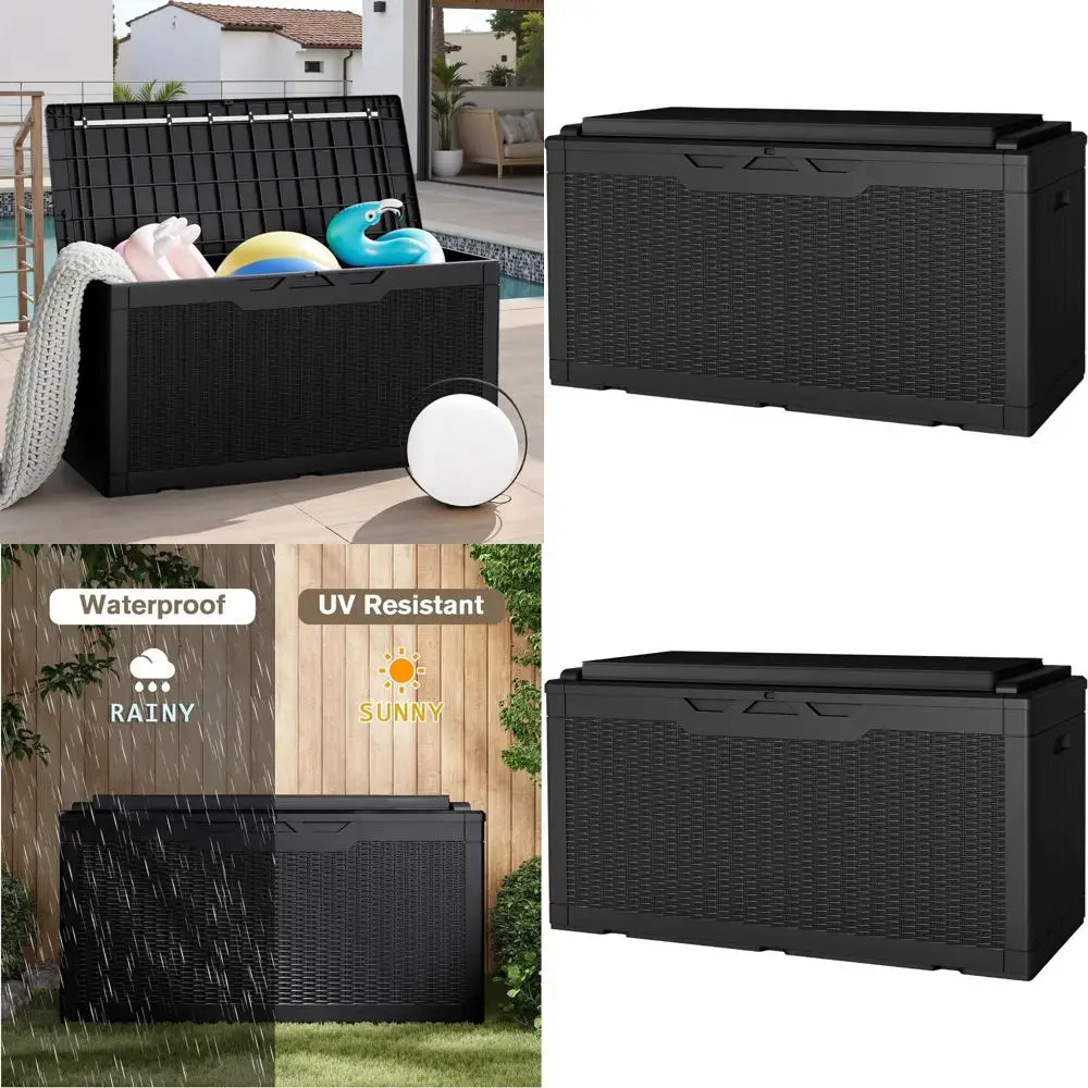 

Ящик для хранения из полимерного материала на 100 галлонов с подушкой, водонепроницаемый уличный ящик для хранения с запирающейся крышкой для садовых инструментов, подушек для патио (черный)