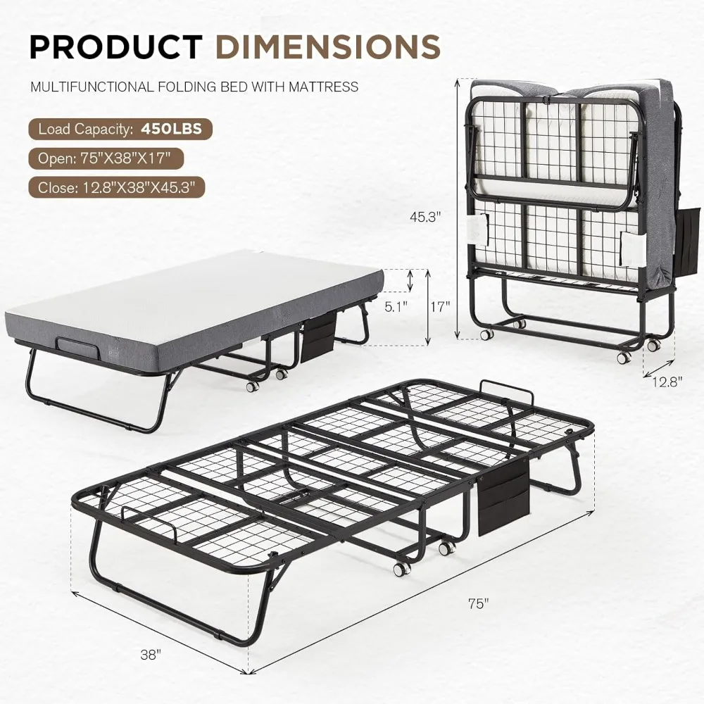 سرير قابل للطي مقاس 75 × 38 مع مرتبة، سرير ضيوف محمول بحجم مزدوج للبالغين مع مرتبة إسفنجية مقاس 5 بوصات، موفر للمساحة