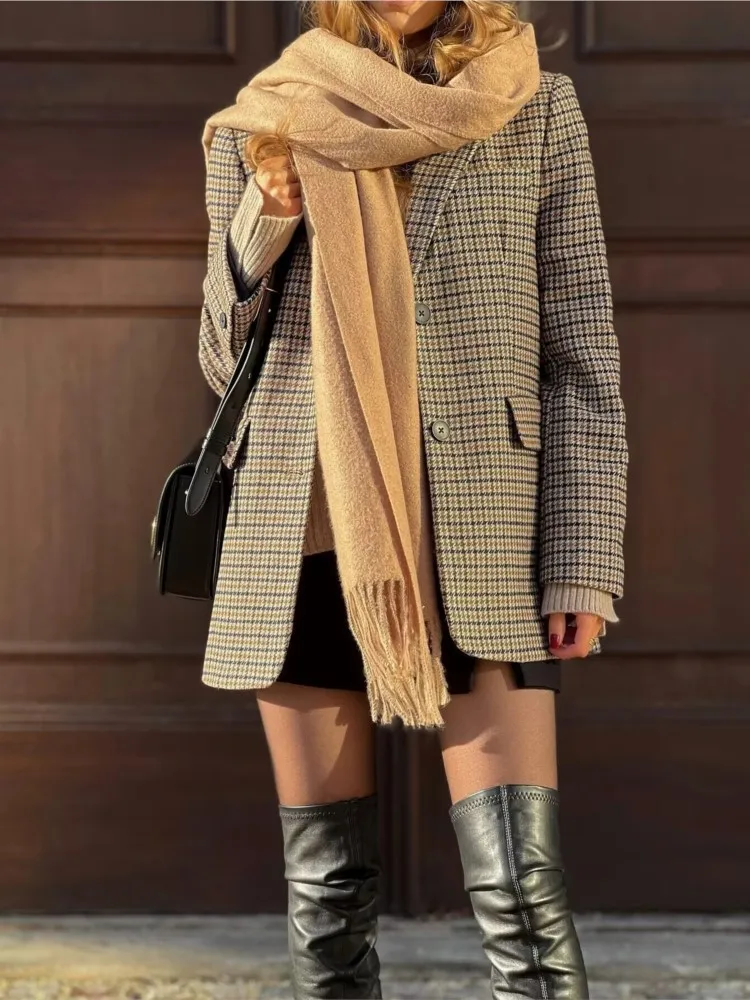 Blazer pied de poule slim da donna autunnale con spalline Top casual da donna a maniche lunghe Cappotti femminili chic