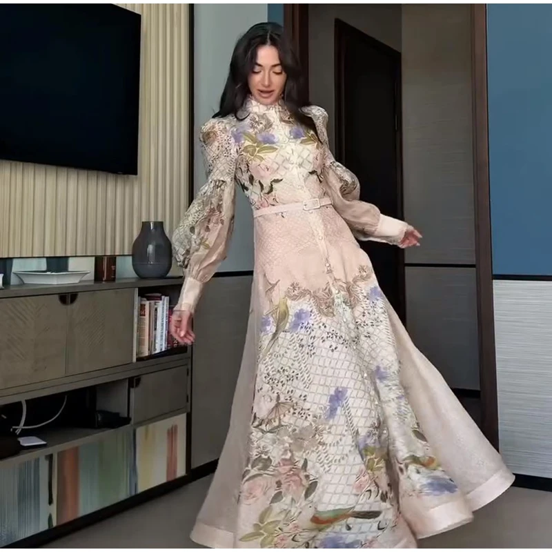 Printed Women's Maxi Dresses O-neck Big Swing Oversized Dress Irregular Hem Dresses Bohemian Female Robes Loose Partywear New