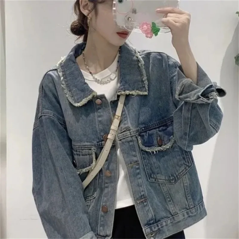 

Spring Autumn Women Leisure Cowboy Coat Female Loose Short Denim Outwear Ladies Fashion Long Sleeved Jeans Jacket