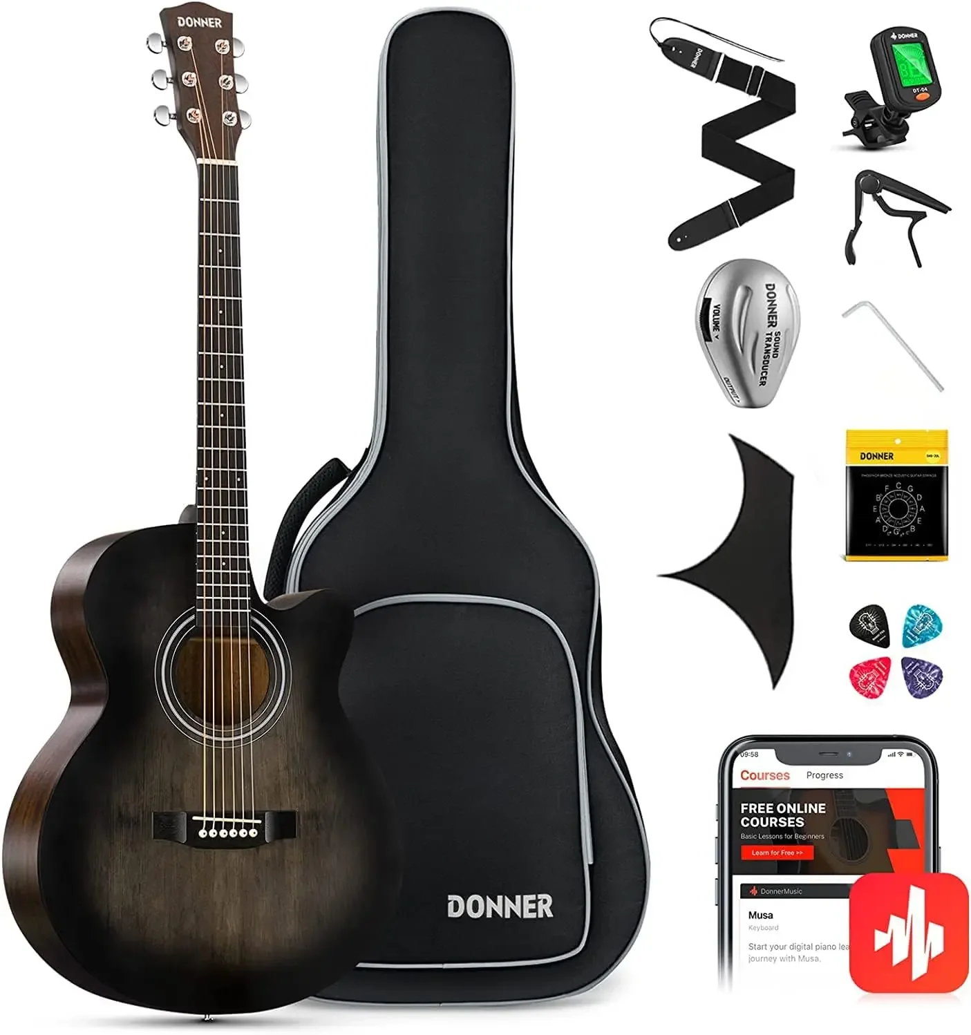 Guitar for Beginner Adult 40 Inch Cutaway Acustica Guitarra Bundle Kit with Pickup Online Lesson Bag Tuner Capo Strap Mini Jumbo