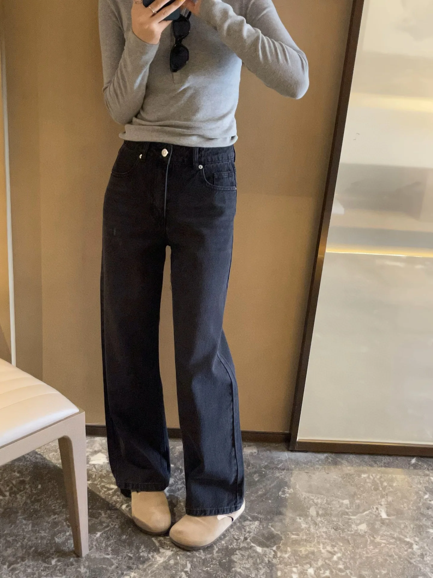 

High Waist Straight Leg Grey Jeans Women's Floor Length Pants Draping Trousers Autumn Fashion Cotton Striped Pattern