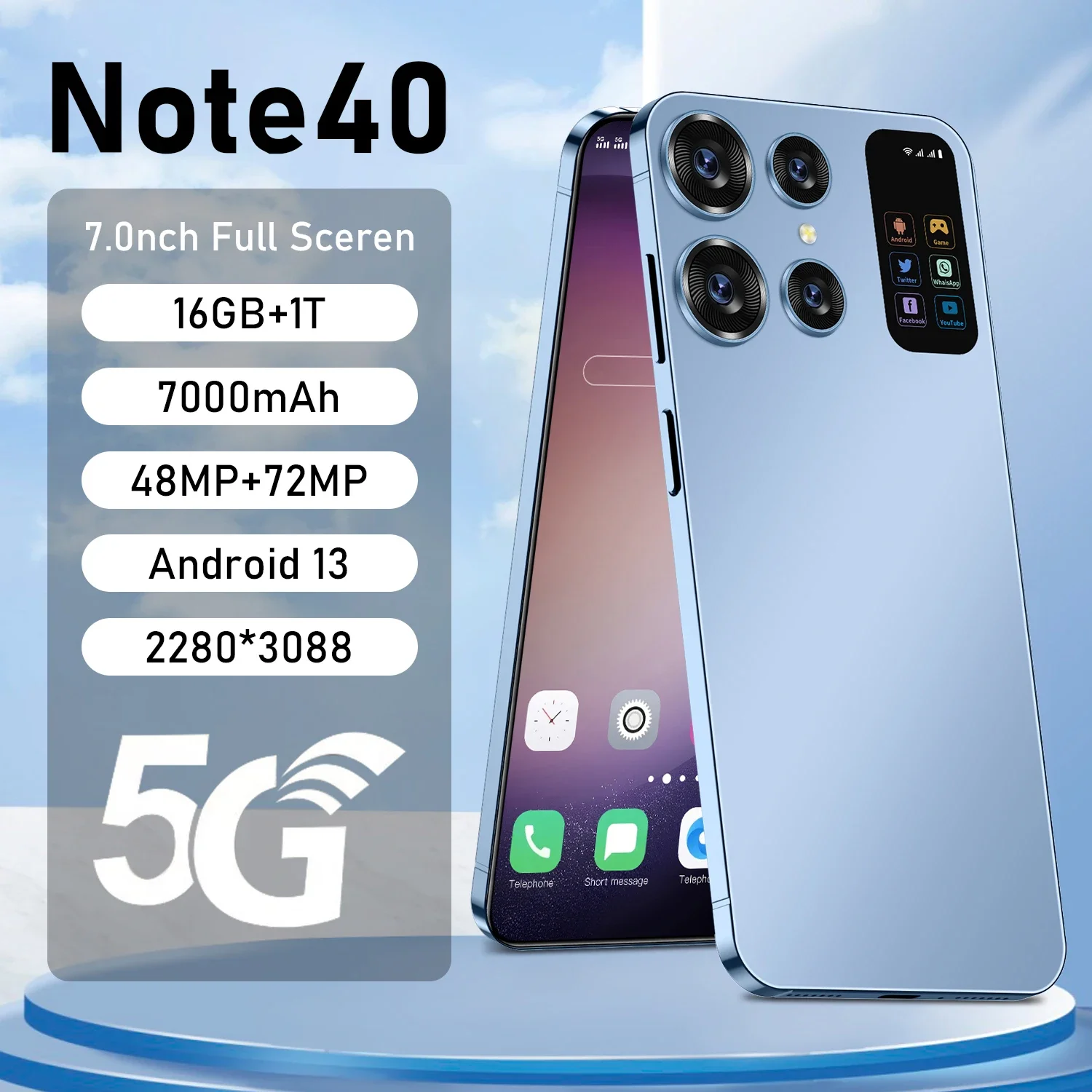 Original Mobile Phones Deals Note40 Smartphone 7.0 inch Full Screen 4G 5G Cell Phone 7000mAh 16GB+1TB Brand New Phones Global