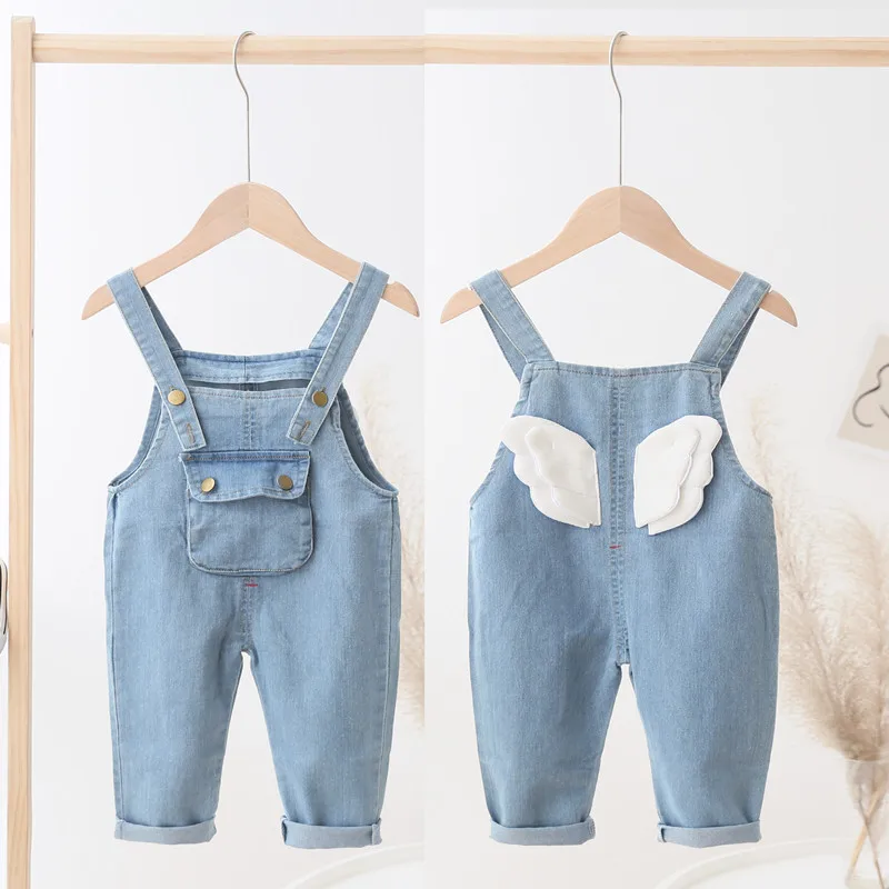 New Children Angel Wings Overalls Boys Girls Casual All-match Denim Trousers Autumn Solid Outwear 1-4Y Kids Fashion Bib Pants