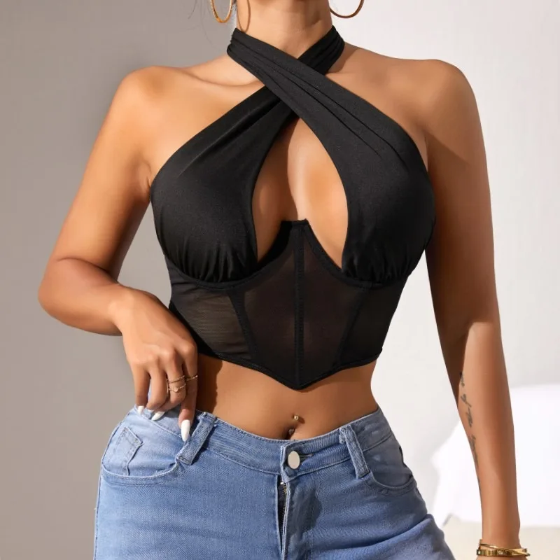 Sexy High-end Feel Open-back Mesh Splicing Chest Wrap Small Vest Women's Fashion Camisole Tanks Wholesale Available